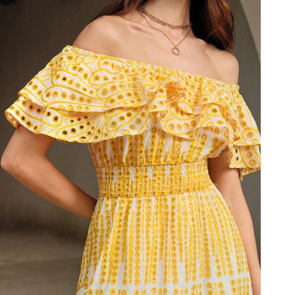 Boho Yellow Off Shoulder Eyelet Stretchy Waist Maxi Dress - Picture 2 of 5